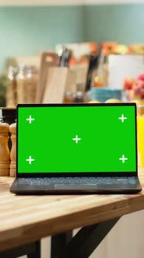Vertical Video Chroma Key Mockup on Laptop Screen in Rustic Kitchen Interior with Wooden Table