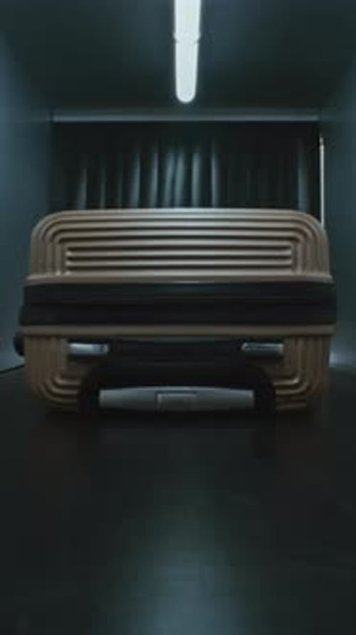 Security Checkpoint in Airport Close Up of Suitcase Moving on Conveyor Belt Inside Advanced Xray