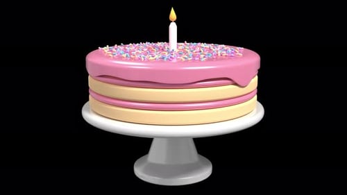 3D animation of birthday cake. Cute birthday cake animation. Pink cake with candle and sprinkles