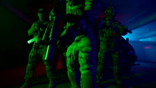 Military Unit Armed and Ready in Urban Setting