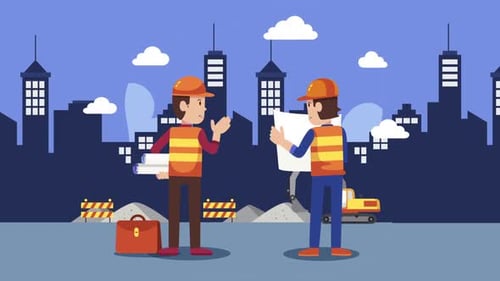 Animated Construction Engineers Planning Project at City Building Site