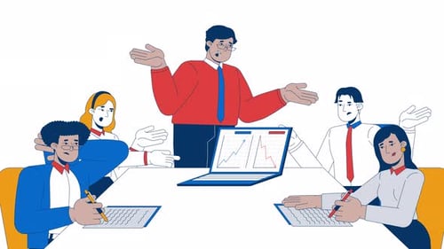 Diversos colegas de trabalho discutindo animação de personagens 2D de laptop com gráfico descendente e ascendente