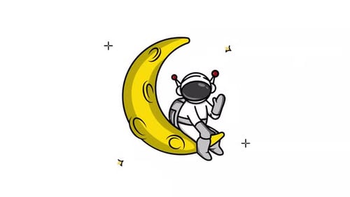 Animated Cartoon Astronaut Waving on Crescent Moon