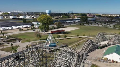 Aerial view of Green Bay Wisconsin Bay Beach Amusement Park Zippin Pippin Roller Coaster with bridge