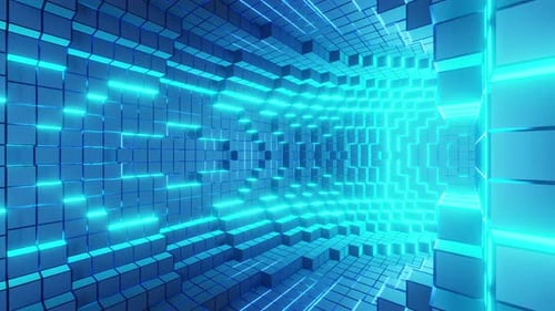 Blue abstract background inside pixelelisation build torus tunnel 3d render. Seamless looped. NFT