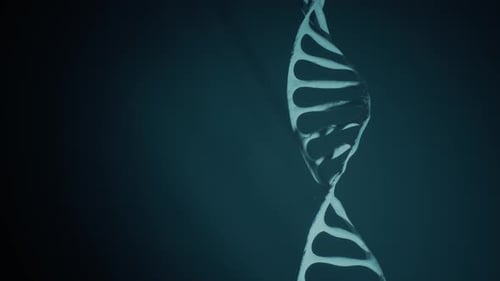 Animation 3D d'une molécule d'ADN en rotation sur fond bleu. Concept de génétique