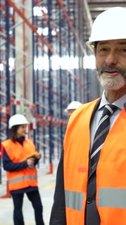 Warehouse manager talking on phone, supervising logistics operations