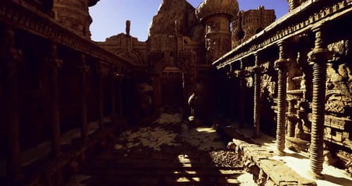 Ancient Temple Ruins Surrounded By Rocky Formations Under Sunlight