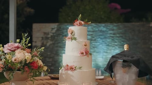 Elegant Wedding Cake with Flowers and Champagne Outdoors