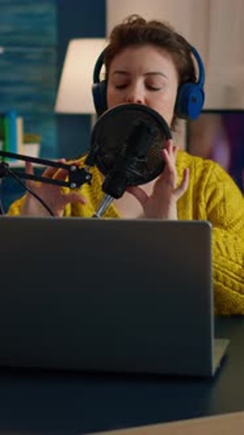Woman Recording Podcast in Home Studio