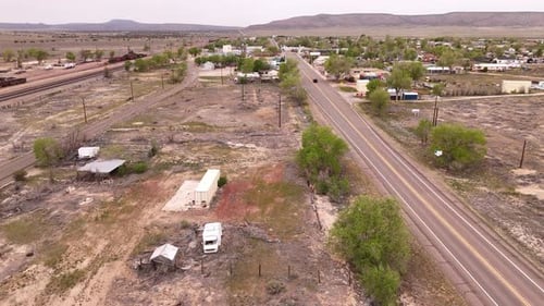Aerial view of the Historic Route 66 sign and vintage truck, United States.