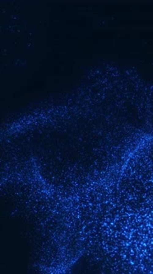 Vertikale blaue Partikelwolke, die sich ausdehnt und im dunklen digitalen Raum verteilt