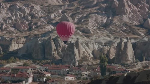 Red Balloon In The Valley Above The Houses, Cappadocia