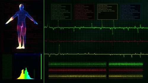 Futuristic Medical UI with Human Body Scan and Vital Signs Display