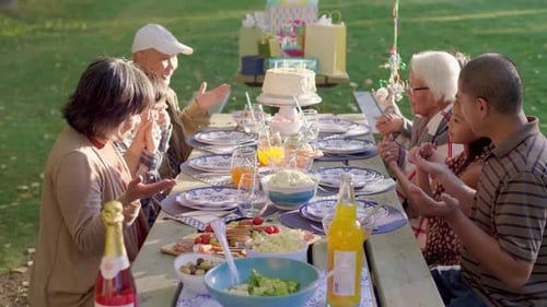 Multigenerational asian and indian family celebrate birthday in park together