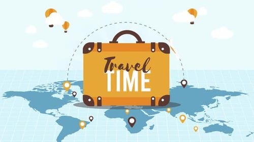 Flat Design Travel Animation with World Map and Suitcase