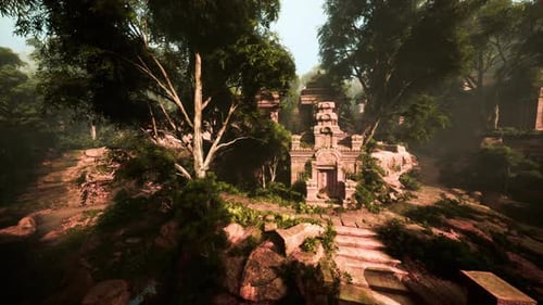 Silent Dawn Exposing Old Ruins Amid Vibrant Dense Forest Surroundings