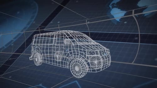 Futuristic 3D Wireframe Van on Digital Technology Background