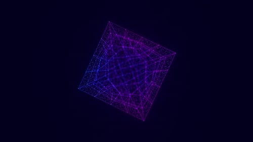 Digital Rotating Cube Wireframe with Glowing Particles