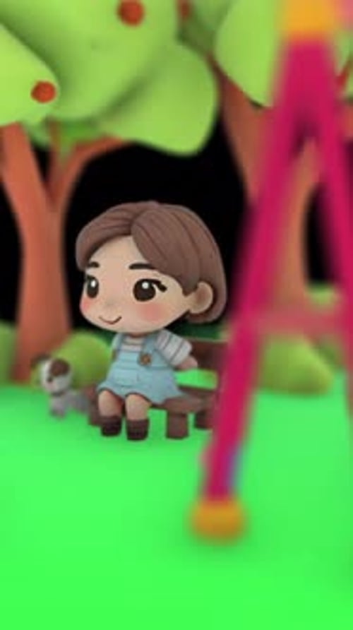 Little Girl Sitting With Her Dog In The Kids Park 3D Animation Loop On Alpha Channel Vertical
