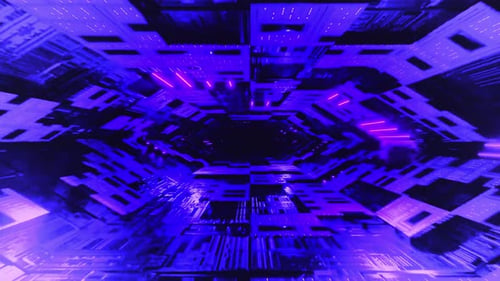 Futuristic purple tunnel with neon lights