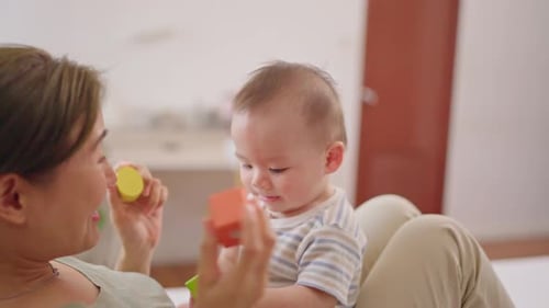 Mother Plays with Baby and Blocks Indoors