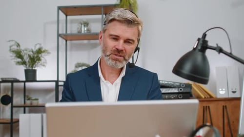 Businessman Working on Laptop Wearing Headset Call Center Support Service Operator Office Helpline