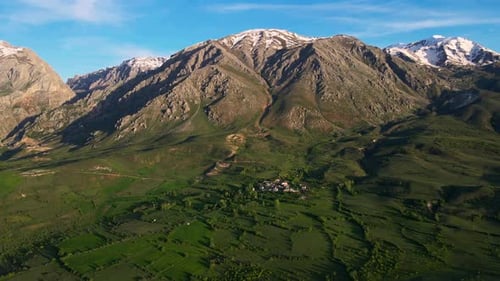 Aerial view the mountains are covered in snow and the sky is clear spring time