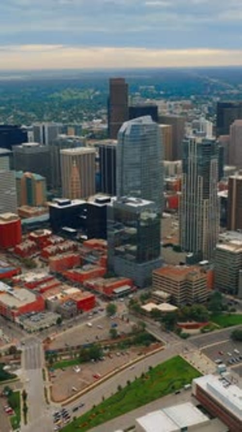 Approaching Denver skyscrapers in the city downtown.