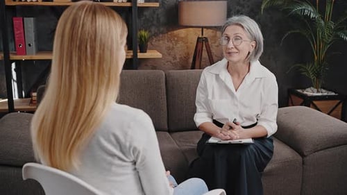 Woman Talks with Therapist in Office Setting