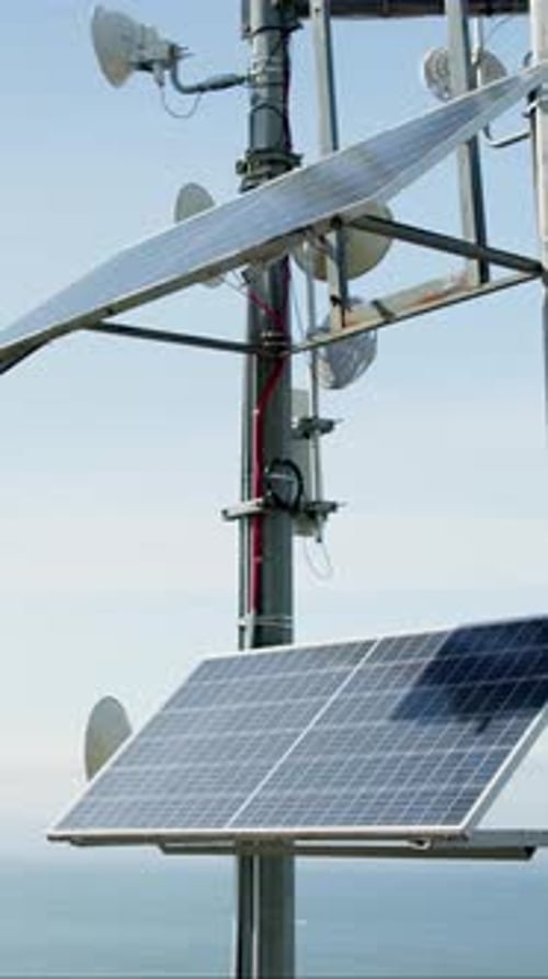 City, empty and rooftop with solar panels for electricity, renewable energy and sustainability