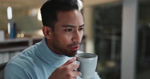 Business man, relax and coffee at desk for break, office and espresso for problem solving on work