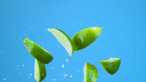Falling Lime Slices with Water on Blue Background