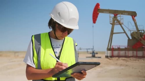 Caucasian Maintenance Technician Updating Digital Log on Tablet in Front of Pumpjack Precise Stylus