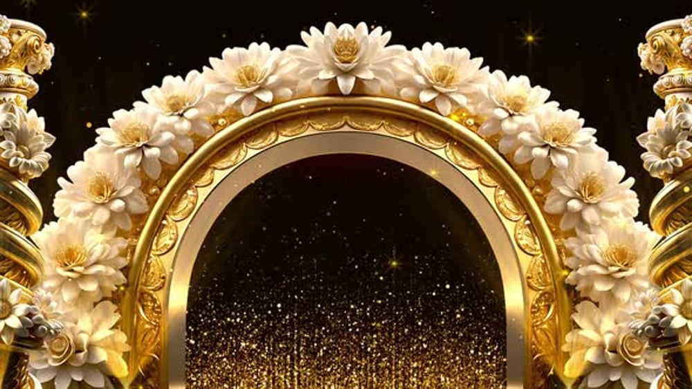 Elegant Golden Floral Arch Frame with Falling Glitter Background ...