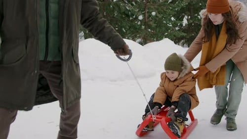 Cheerful Biracial Boy Enjoying Ride in Sled in Winter Forest