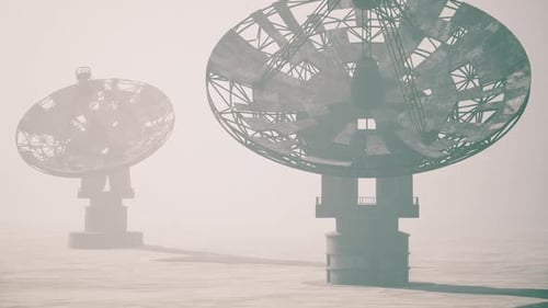 Futuristic Satellite Array Rotating in Haze