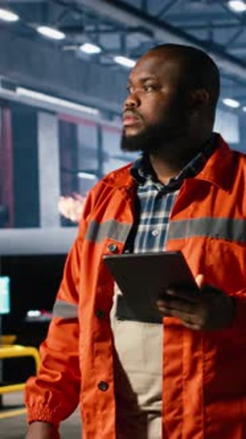Vertical Video Specialist Guiding Colleague Personnel with Equipment As Heavy Machinery