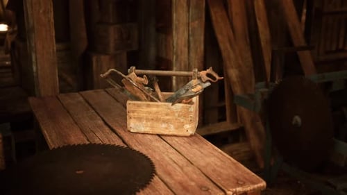 Rustic Wooden Toolbox Filled with Vintage Tools in a Workshop Setting