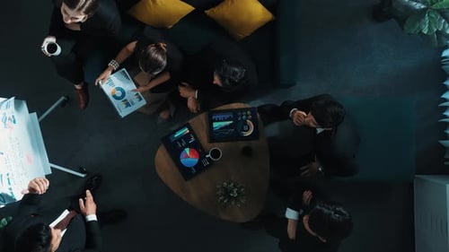 Top down view of smart business team listen investor present idea. Directorate.