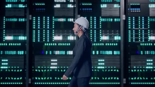 Asian Businesswoman Walking and Smiling in Data Center