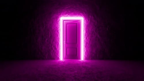 Mysterious glowing purple door opening in dark room