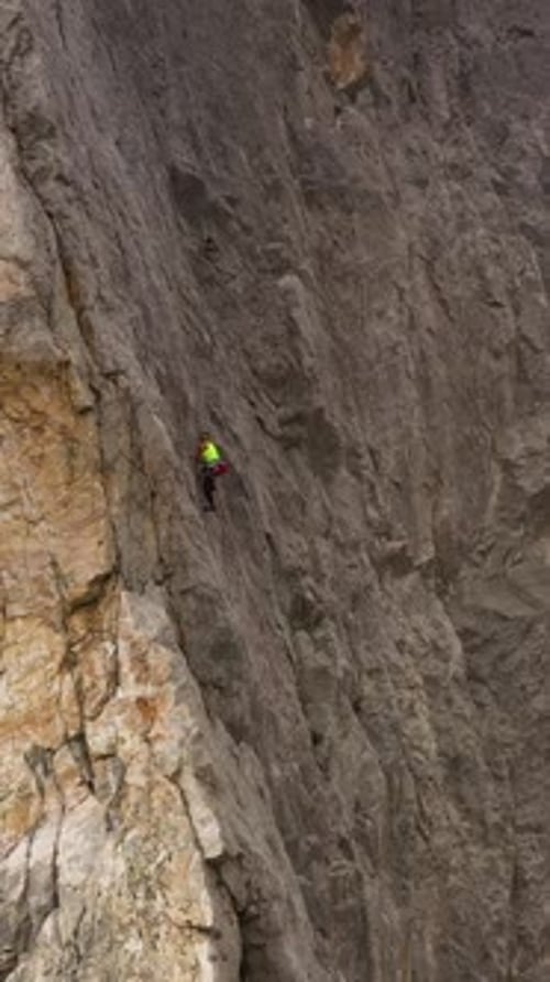 Female Climber Rock Climbing Crimea Russia Aerial View Vertical Video