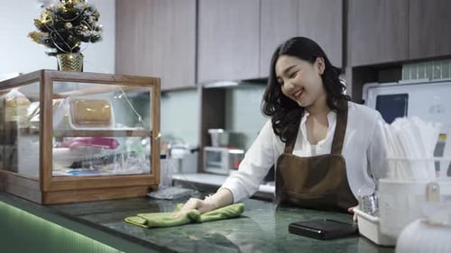 Woman Cleaning Cafe Counter With Cloth
