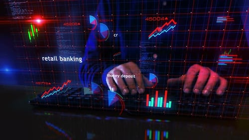 Retail banking money business charts graphs display with typing keyboard
