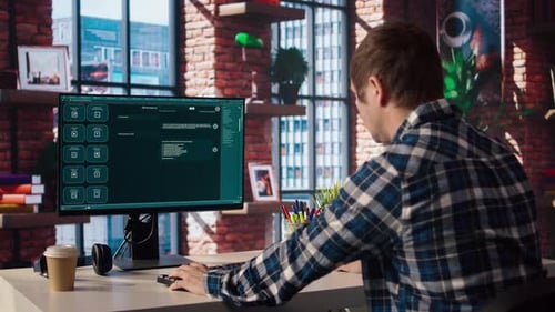 Mann zu Hause stellt Fragen an den virtuellen Assistenten von AI LLM Chatbot