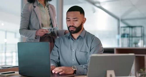 Money, bribery and business people in office with corruption, payment or illegal partnership