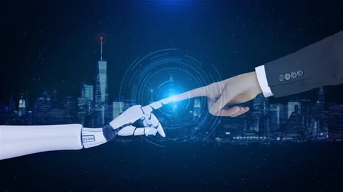 Human and Robot Hands Connect in Futuristic Technology Interface Animation