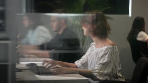 Young Businesswoman Discussing with Colleague Over Desktop Pc in Office