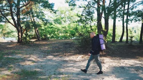 Backpacker Walking Through Beautiful Green Forest